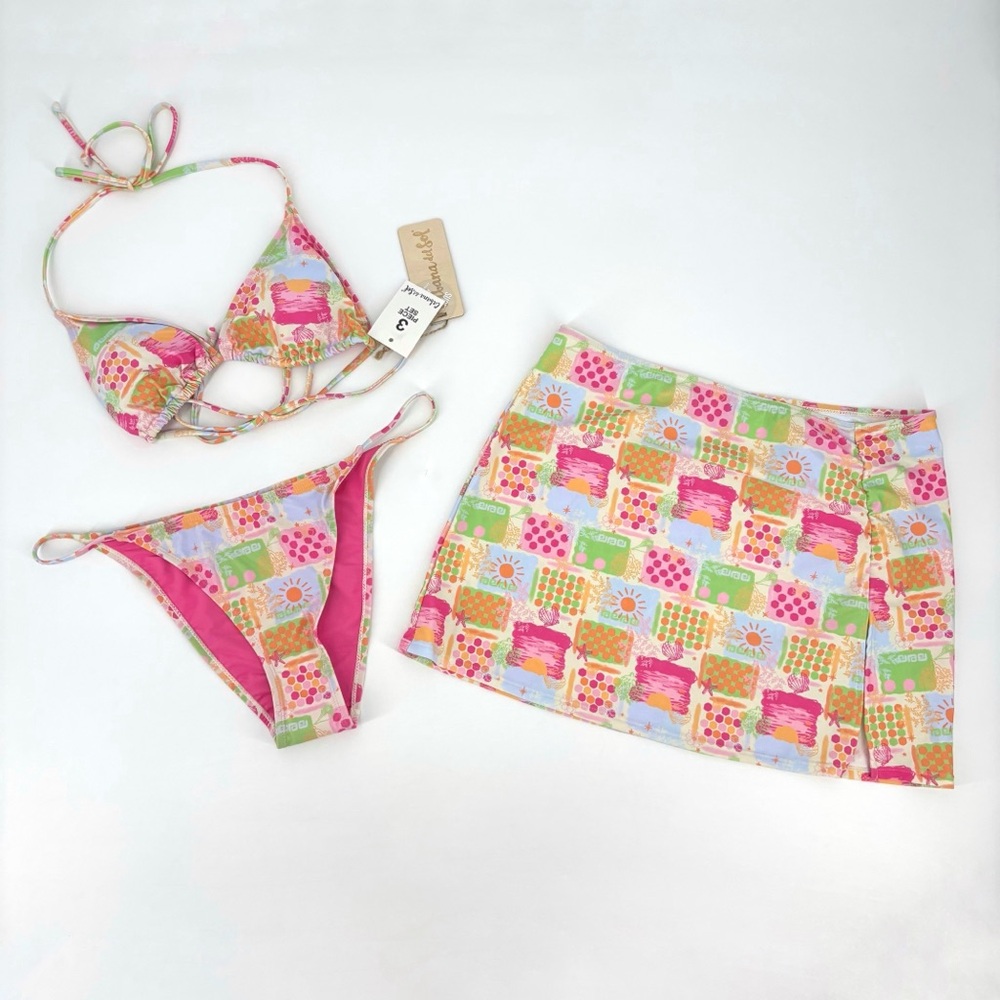 Cabana del Sol NWT Multi-Coloured 3-Piece String Bikini and Skirt Set, Large
